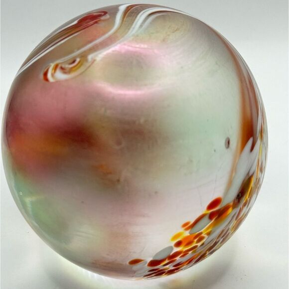 Hand Made Art Glass Paperweight Orb Polished Bottom Iridescent Glass Decor VTG - Picture 5 of 6
